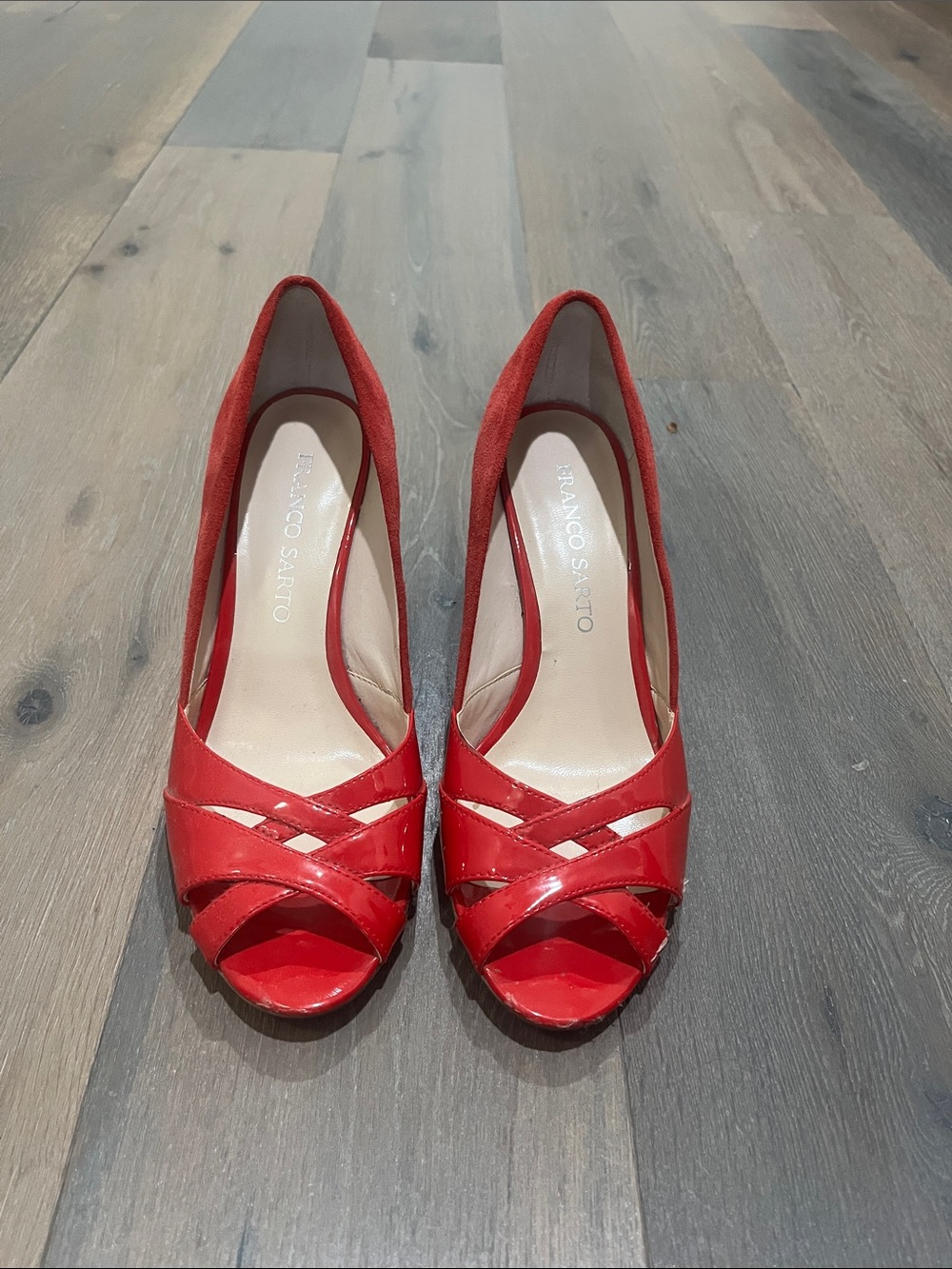 Franco Sarto Red Patent Peep-Toe Heels - Picture 1 of 6